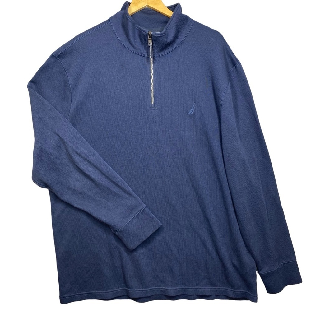 Nautica Men XXL Quarter Zip Pullover Navy Blue 100% Cotton Mock Neck Long Sleeve